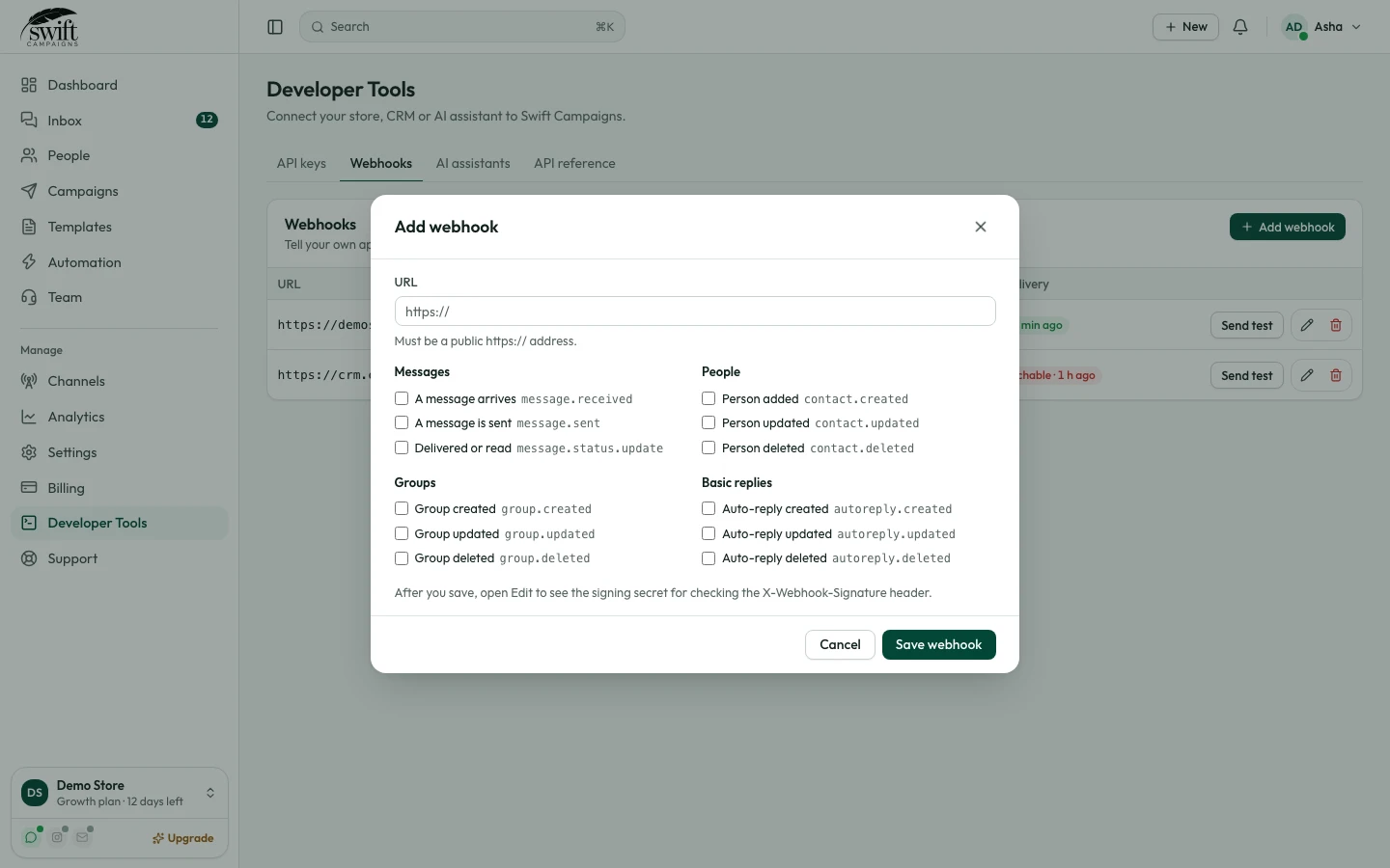 Step 2: Choose URL and events